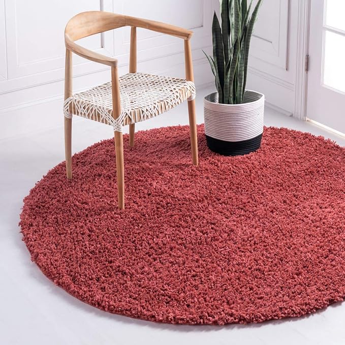 Unique Loom Davos Shag Collection Area Rug - Solid (4' 1" Round, Poppy)