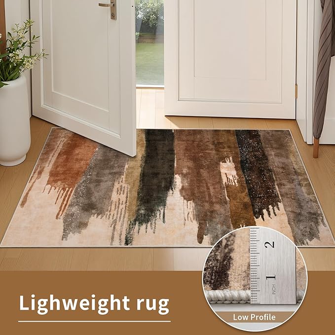 Ciicool 8ft Round Washable Rug, Modern Abstract Circle Rugs, Non-Slip Thin Lightweight Rug Brown Black Circular Print Distressed Carpet for Bedroom Living Room Under Dining Table Home Office Decor