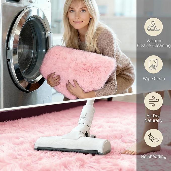 2x6 Solid Fluffy Pink Area Rug – Washable, Durable, Small Bedroom Runner Rug, Non-Slip Shag Rugs for Hallway, Girls Room, Living Room, Bedroom, Bedside, Dorms, Kids Room, Sofa Coffee Table