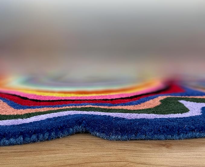 Irregular Shaped Handmade Wool Rug | Modern Colourful Stripe Premium Area Rug Perfect for Home Decor (Multi B, 7x7 ft)
