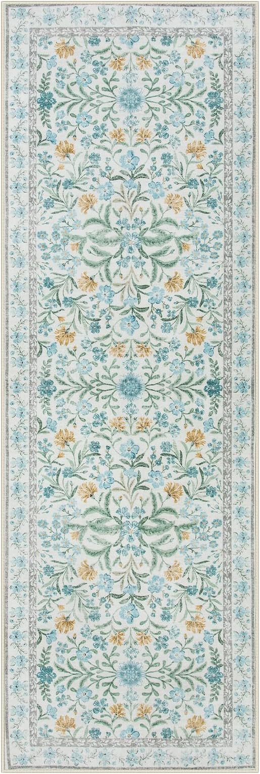 Lahome Light Blue Runner Rug 2x6, Boho Floral Runners for Kitchen Floor, Machine Washable Soft Thin Indoor Throw Carpet Runners for Hallway Bathroom Laundry 6ft, Blue