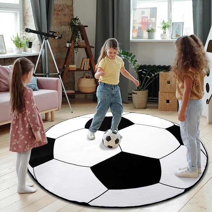 Soft Round Rugs for Bedroom, Soccer Rug for Boys Girls, Bedside Area Carpet for Kids, Soccers Lovers Home Decor Indoor Circle Carpets for Living Room, Nursery, Dorms Machine Washable,40 Inch