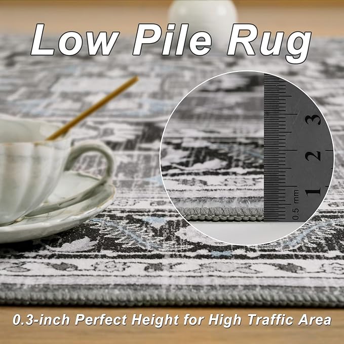 3x5 Black Grey Area Rug for Living Room, Machine Washable Rugs with Non-Slip Backing for Bedroom, Vintage Medallion Carpet Kitchen Laundry Kids Room Decor