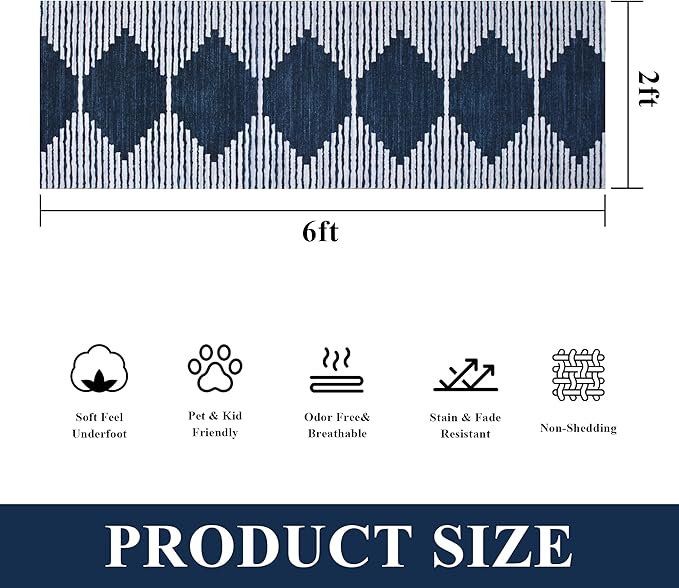 HelloTree Hallway Runner Rug，2x6 Moroccan Modern Stripe Carpet Washable Machine Bathroom Runner Bohemian Design Modern Soft Non Slip Indoor Rug for Entryway Hallway Laundry Room Bedroom-Blue