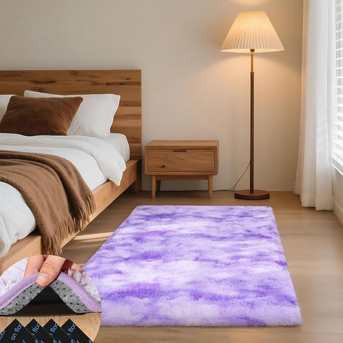 3x5 Rugs for Bedroom, Fluffy Small Area Rugs for Living Room,Soft Shag Fuzzy Carpet with 4 Non-Slip Stickers for Kids Boys and Girls Nursery Room Dorm Home Decor (Tie-Dyed Purple, 3ft x 5ft)