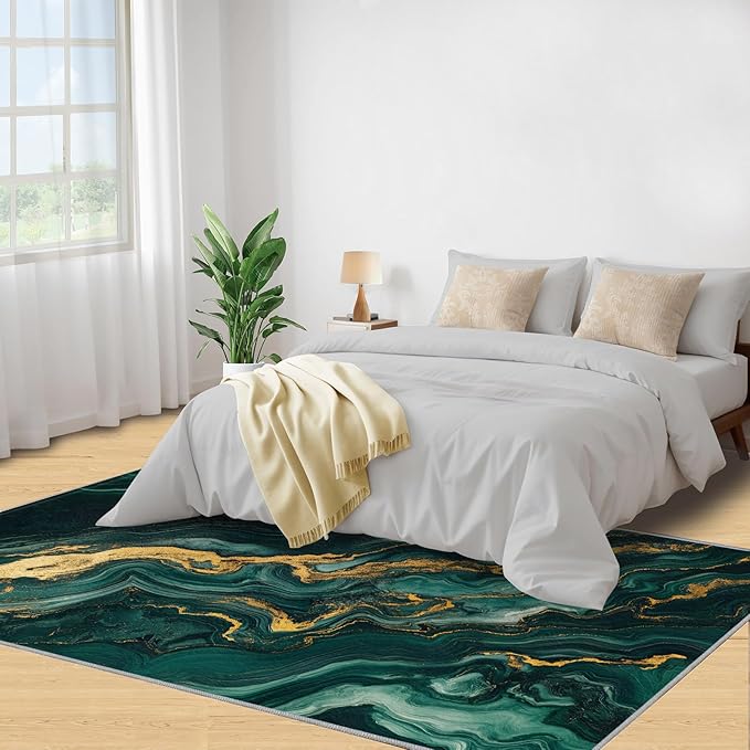 3x5 Abstract Marble Dorm Rug - Emerald-Green-Marble Small Rugs for Bedroom, Luxury Stone Pattern Area Rug Washable Non Slip for Bedroom Kitchen Living Room Entryway