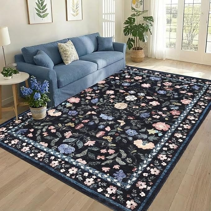 GarveeHome Large Washable Area Rug 10 x 13 for Living Room, Non-Slip Soft Vintage Rug, Low Pile Farmhouse Floral Carpet, Non-Shedding Foldable Printed Rugs for Bedroom, Dark Grey Blue