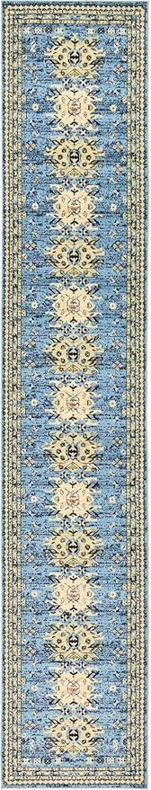 Unique Loom Taftan Collection Border Geometric Tribal Inspired Design Area Rug (3' 0 x 16' 5 Runner, Light Blue/ Gold)