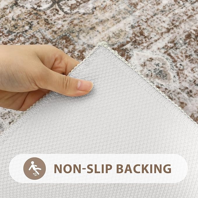 Uphome Bathroom Rugs Runner, Distressed Farmhouse Boho Khaki Bath Mat, Non Slip Washable Long Bath Rugs, Vintage Traditonal Soft Velvet Bathroom Runner for Bathtub Sink Shower, 20x60 inch