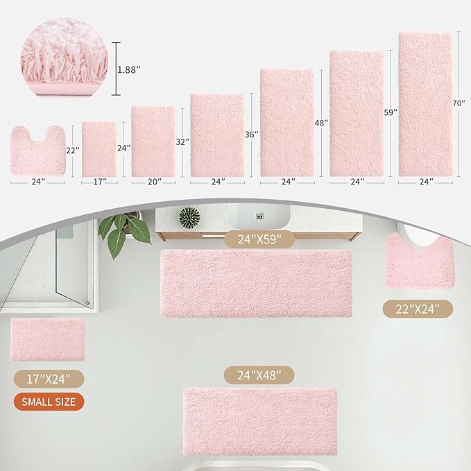 Pink Bathroom Runner Rug 24x59 Non Slip Fluffy Long Bath Mat for Bathroom Floor Washable Plush Luxury Bath Rug for Tub Absorbent Shower Sink Mat Bedside Rug