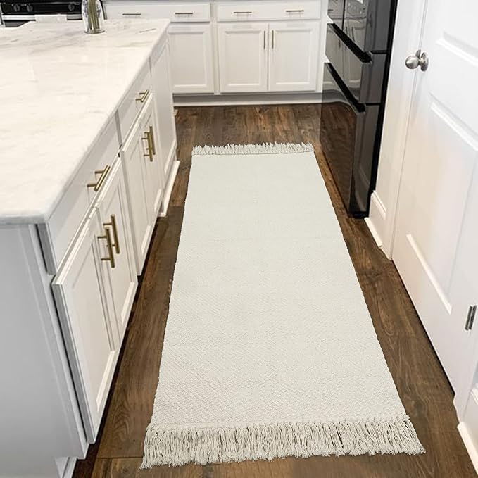 Collive 2x6 Runners for Hallway, Woven Reversible Washable Entryway Runner Rug, White/Beige Cotton Modern Farmhouse Laundry Room Carpet for Bathroom Sink Foyer Bedroom