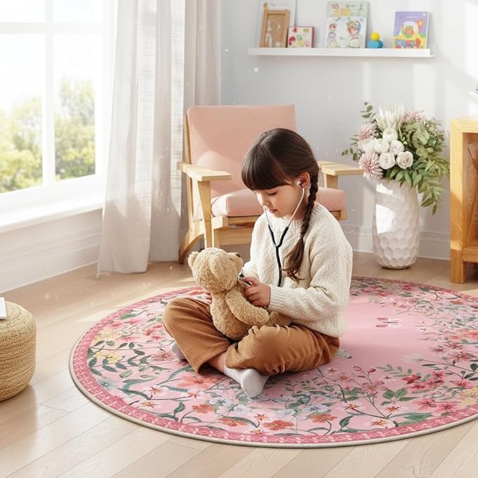 Wonnitar Washable 5ft Round Area Rug, Pink Floral Living Room Rugs for Bedroom Girls, Low Pile Soft Botanical Throw Carpet for Kids Nursery Room (Pink,5ft-Round)