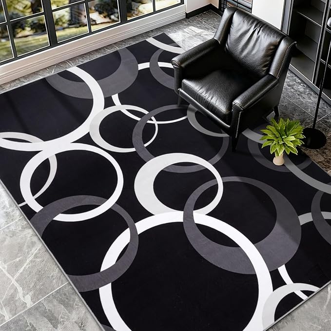 YIHOUSE 4x6 Ft Area Rugs, Concentric Circle Washable Rug, Black and White Geometric Design Rug for Small Living Room, Bedroom, Laundry Room, Entryway, Indoor Home Decor, Nonslip Non-Shedding