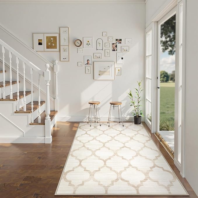 Lahome Moroccan Living Room Carpet - 4x6 Area Rug Washable Non-Slip Soft Rugs for Bedroom Ultra-Thin Throw Rug for Office, Modern Print Indoor Carpet Rug for Laundry Room Nursery (Beige, 4'x6')
