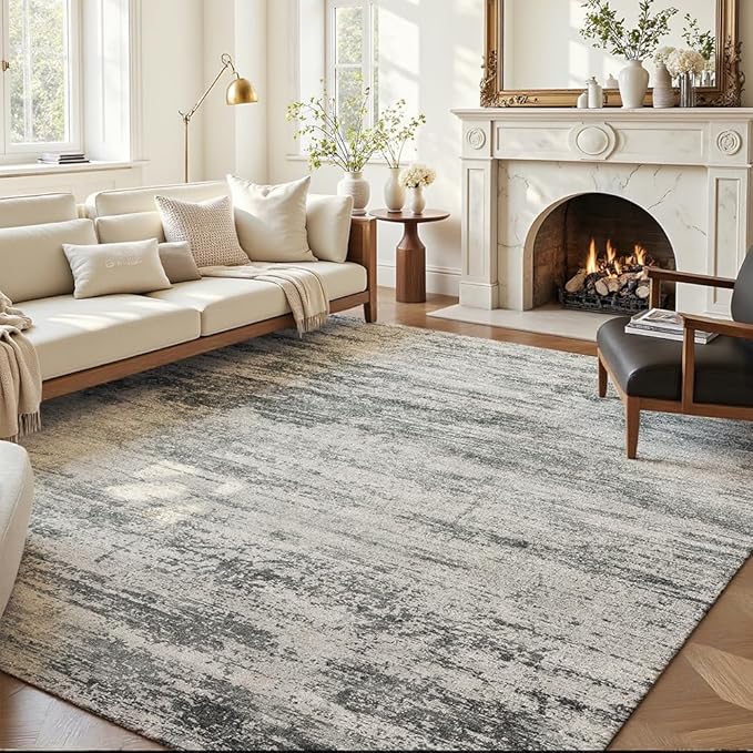 Area Rug 8x10 Washable Rug Grey for Living Room, Dining Room, Bedroom, Large Carpets, Non Slip & Non-Shedding Low Pile Vintage Print Rug for Home Office Decor