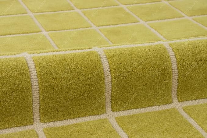 Checkered Wool Area Rug with Scalloped Border, Chartreuse Green & Cream Grid, Hand-Tufted, Soft Cut Pile, Modern Cottagecore Living Room, Bedroom & Nursery Carpet - 5x5 Ft (Square)