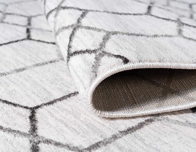 Rugs.com Lattice Trellis Collection Rug – 8 Ft Round White Low-Pile Rug Perfect for Kitchens, Dining Rooms