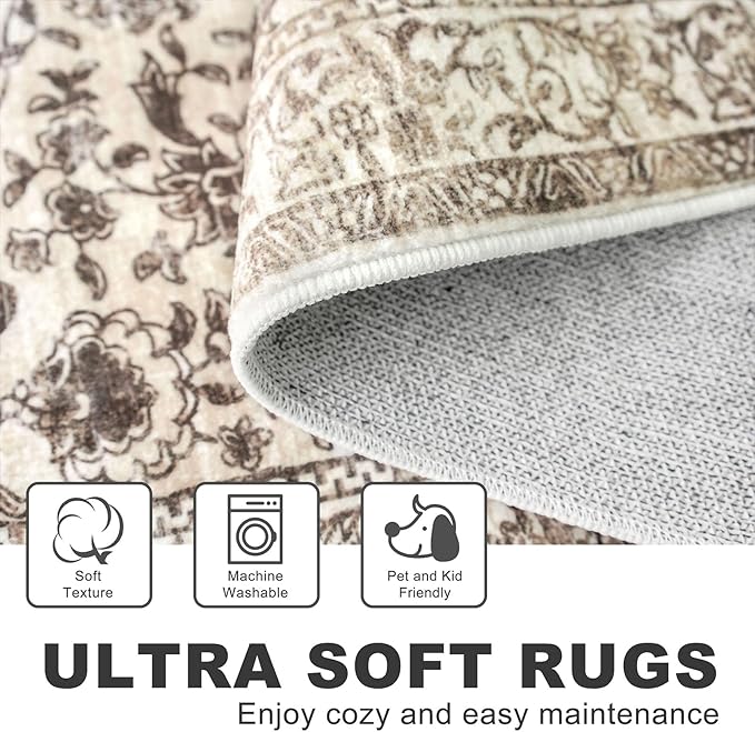 KILOCOCO Hallway Runner 2x8 Rug Runner Printed Vintage Floral Washable Kitchen Runners Non-Slip Rubber Backed Runners for Hallways Laundry Room Distressed Boho Rugs for Entryway Bedroom, Beige/Brown