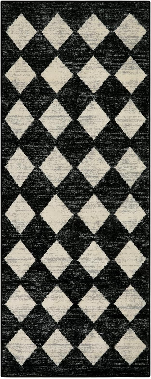 Lahome Washable Black and White Kitchen Runner Rug, 2x5 Soft Non Slip Laundry Room Rug Bathroom Runner Rugs with Rubber Backing, Moroccan Trellis Kid Pet Friendly Carpet Runners for Entryway Bedside