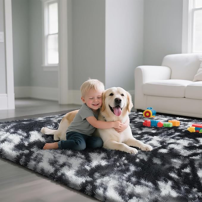Fluffy Rug Shaggy Area Rug, Mottling Black 9x12 Area Rugs for Living Room, Large Shag Area Rugs for Bedroom Kids Room Home Decor, Upgrade Anti-Skid Rectangular Fuzzy Rugs