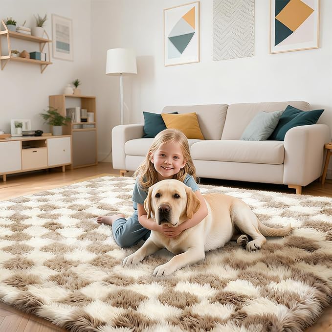 Checkered Rug for Bedroom, 2x6 Beige and White Area Rugs, Classic Checkered Carpets Shaggy Area Rug, Bedside Rugs for Living Room Bedroom Kids Room Home Decor