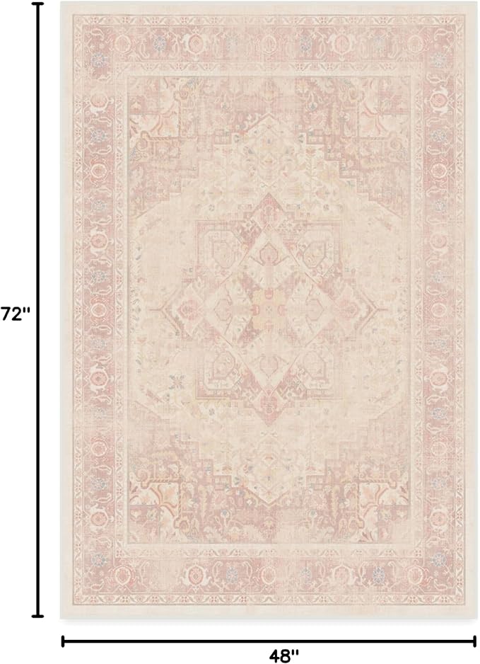 RUGGABLE Washable Area Rug – Kamran Soft Pink 4x6, Stain-Resistant, Non-Slip – Medium Machine Washable Rugs for Living Room, Bedroom, Hallway, Entryway & Office–with Standard Pad