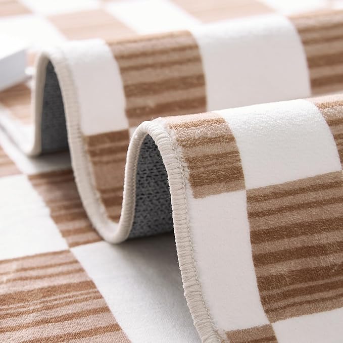 jinchan 2x3 Kids Area Rug Washable Indoor Entryway Doormat Modern Checkered Geometric Lattice Small Rug Non Slip Soft Carpet for Nursery Room Bedroom Bathroom Home Brown