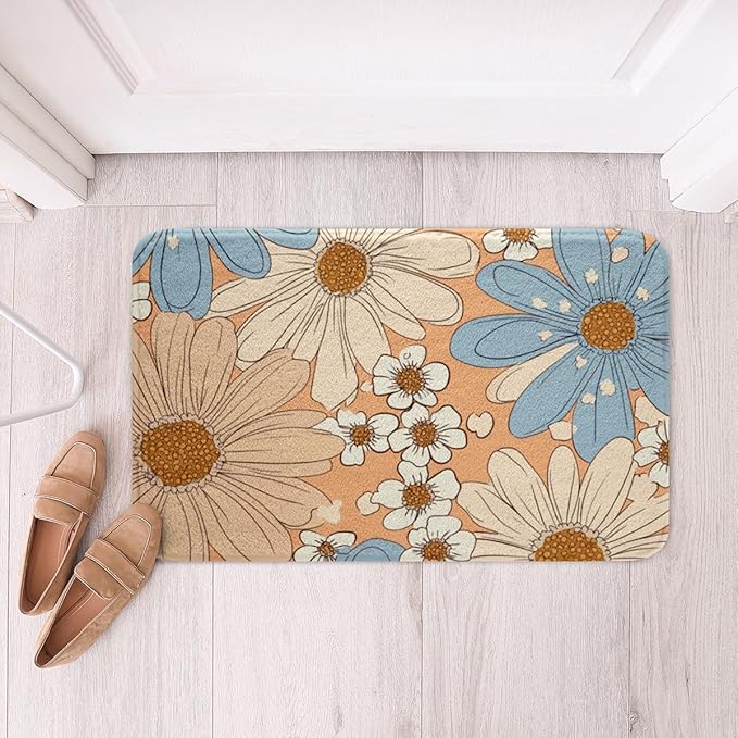 Erosebridal Girls Groovy Flower Bathroom Mat for Kids Teens Two Groovy Party Decorations Microfiber Bath Rug Pastel Rainbow Floral 3D Entryway Door Mat 16x24 Botanical Plants Theme Bath Mat