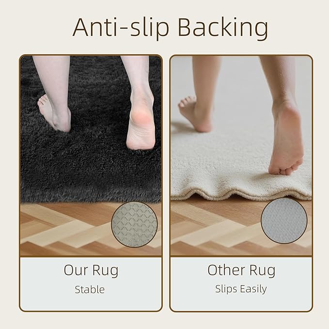 4x6 Solid Fluffy Black Area Rug – Washable, Durable, Living Room Rug, Non-Slip High Pile Shag Rugs for Bedroom, Living Room, Bedside, Dorms, Nursery Rooms, Kids Room, Soft Indoor Floor Carpet