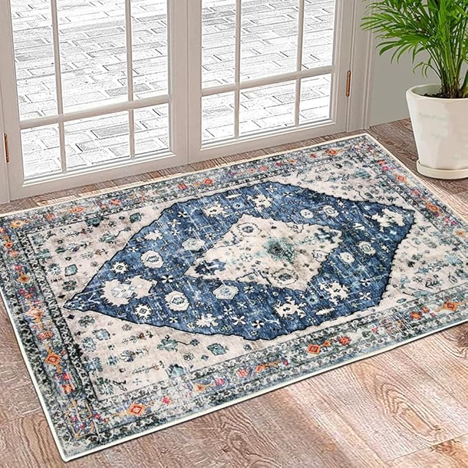 Boho Vintage Oriental Entry Rugs for Entrance Non-Slip Washable Tribal Small Area Rug,Ultra Soft Bohemian Floral Medallion Low-Pile Indoor Front Door Mat for Bedroom Kitchen Bathroom 24" x 36"