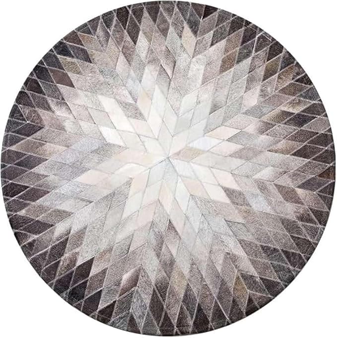 Cowhide Hairon Leather Round Rug, Geometric Patterned Circle Carpet for Living Room, Bedroom, Hall, Brown, 8×8ft