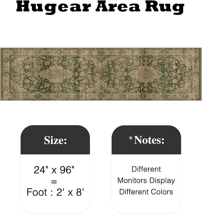 HUGEAR 2x8 Runner Rug Hallway Machine Washable Retro Green Vintage Floral Low Pile Carpet Distressed Long Throw Rug Bedroom Office Bathroom Kitchen Laundry Non Slip Soft Lightweight