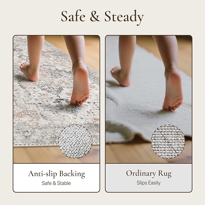 GENIMO Runner Rug 2x12, Non Slip Vintage Hallway Runner Rugs, Low Pile Lightweight Machine Washable Mat for Hallway, Entryway, Bedroom, Kitchen and Corridor,Light Taupe Brown
