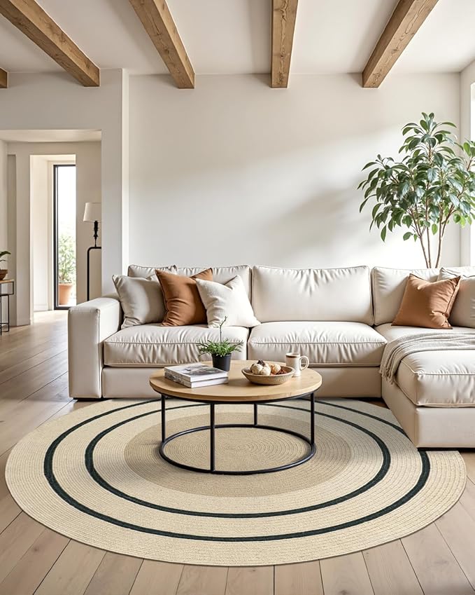 DEXI Round Jute Rug Natural Fiber 5x5, Braided Woven Area Rugs No Shed, Soft Neutral Rustic Carpet Mat for Indoor Outdoor Patio Dining Living Room Bedroom Farmhouse, 5ft, Ivory/Black