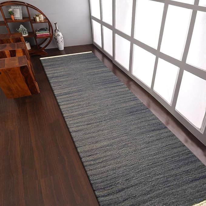 Rugsotic Carpets Hand Woven Flat Weave Kilim Wool 2'6''x6' Runner Area Rug Solid Silver D00111