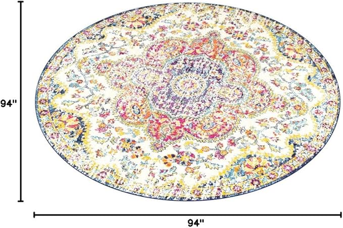 Livabliss Area Rugs - 8ft Round Romaine Vintage Boho Fuchsia Mustard Blue Round Area Rug for Living Room Bedroom - Floral Medallion Stain Resistant Carpet for Kitchen, Nursery, Office (7'10" Round)