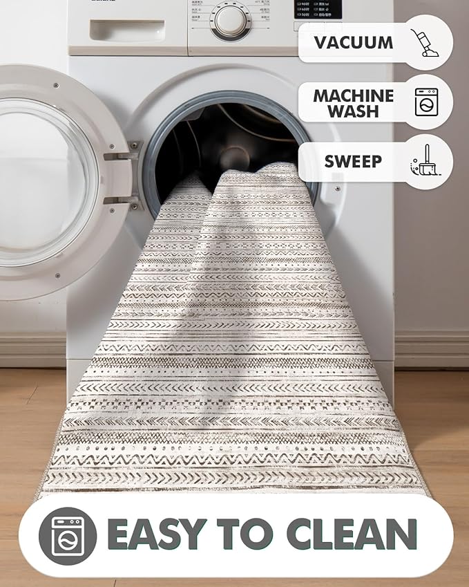 LUMI Ultra Thin Door Mat, 18x30 Non Slip Indoor Doormat Entrance Washable Rugs Entryway Oriental Vintage Soft Carpet for Kitchen Bedroom Front Door, White and Brown