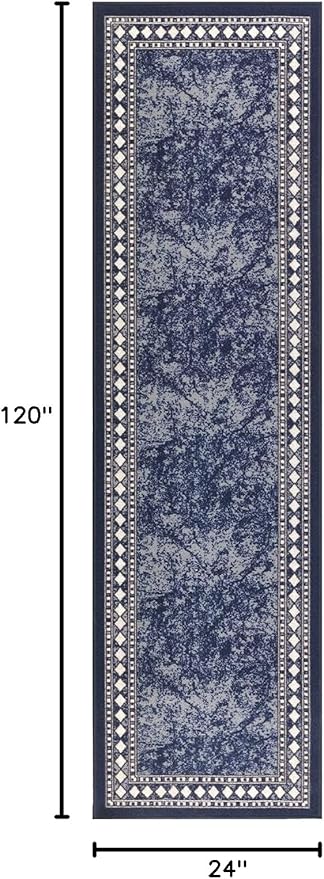 Antep Rugs Alfombras Modern Bordered 2x10 Non-Skid (Non-Slip) Low Profile Pile Rubber Backing Indoor Area Runner Rugs (Navy Blue, 2' x 10')