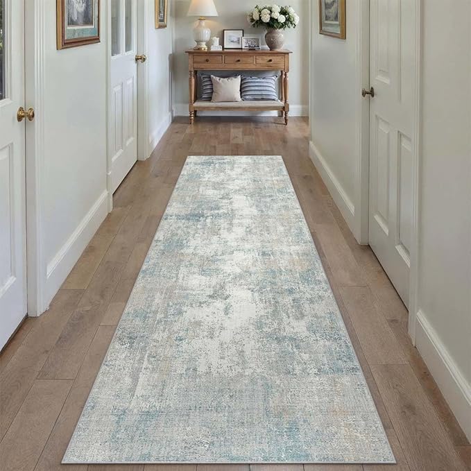 3x12 Washable Runner Rug Blue Cream Abstract Hallway Kitchen Throw Rug Neutral Modern Non Slip Soft Low Pile Lightweight Carpet for Bathroom Laundry Bedroom Living Room