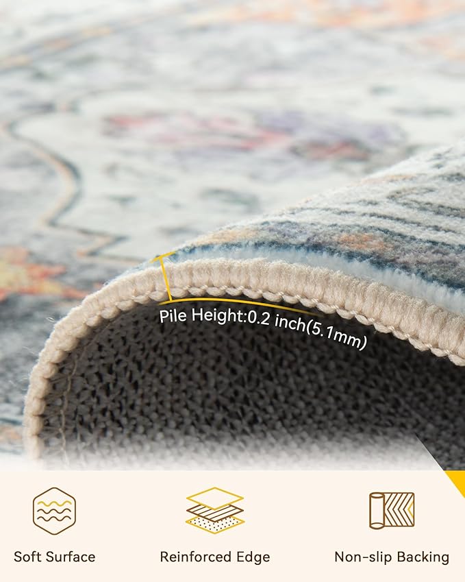 Area Rugs 2'x5' Washable Non-Slip, Floral Vintage Distress Print Pattern Medallion Carpet for Living Room Bedroom Dining Room, Light Yellow Carbon Grey Orange