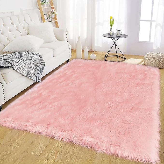 Latepis Pink Rugs for Living Room Area Rug 6x9 Faux Sheepskin Fur Rug for Bedroom Entertainment Room Sofa Floor Fuzzy Rug Shag Rug for Girls Room Luxury Home Decor