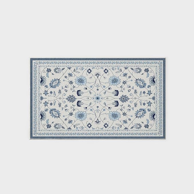 EVERGRACE Area Rugs for Living Room 3x5, Boho Floral Faux Wool Indoor Outdoor Rugs, Washable Rugs for Bedroom Entryway Dining Room Hallyway, Low Pile Floor Mat Carpet for Home Decor, Porcelain Blue