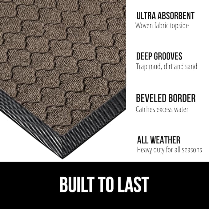 GORILLA GRIP 100% Waterproof All-Season WeatherMax Doormat, 34x58, US Designed Natural Rubber, Stain and Fade Resistant, Low Profile Indoor Outdoor Door Mats, Easy Clean Patio Mat, Latte Quatrefoil