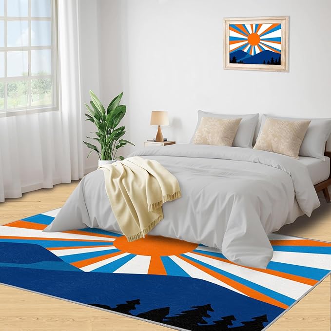 Boho Sun Area Rugs 4x6ft, Abstraction Deco Carpet for Bedroom, Minimalist Sunburst Rug for Living Room Easy to Clean for Indoor Outdoor Hardwood Floors Home Decor