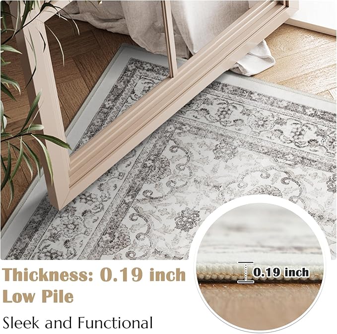 jinchan Floral 5x7 Area Rugs for Bedroom - Machine Washable Vintage Distressed Boho Design Throw Rug Stain Resistant Carpet Low-Pile Thin Non-Slip for Nursery Living Room Dining Room (5‘x7', Beige)