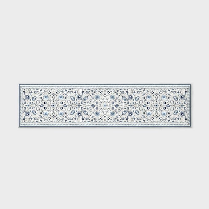 EVERGRACE Hallyway Area Runner Rugs 2x8, Boho Floral Faux Wool Indoor Outdoor Rugs, Washable Rugs for Bedroom Dining Room Living Room Kitchen, Low Pile Floor Mat Carpet for Home Decor, Porcelain Blue