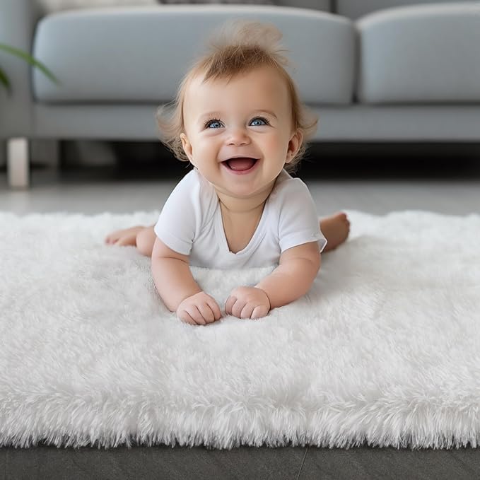 Zentavio Area Rugs for Living Room Small Carpet for Bedroom 3x5 Bedside Washable Soft Fluffy Shag Aesthetic Plush High Pile Throw Rug for Nursery Kids Room Dorm Room White