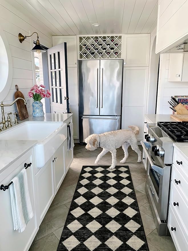 Lahome Washable Black and White Kitchen Runner Rug, 2x5 Soft Non Slip Laundry Room Rug Bathroom Runner Rugs with Rubber Backing, Moroccan Trellis Kid Pet Friendly Carpet Runners for Entryway Bedside