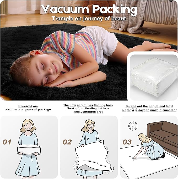 Black Area Rugs 9x12 Living Room Bedroom, Fluffy Large Rug Soft Shag Non-Slip Carpet for Kids Boys and Girls Room Dorm Home Decor (9ft x 12ft)