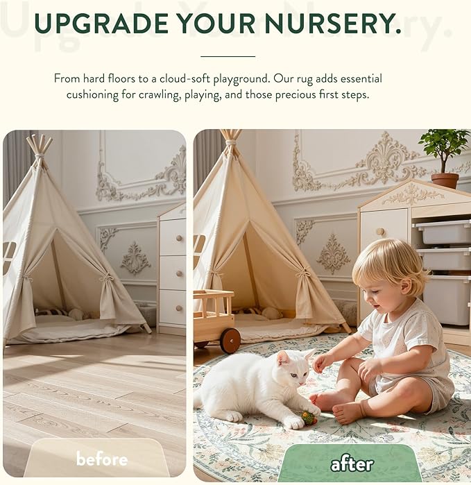 Lahome Circle Rug 6ft Beige Floral, Gentle Blossom Print Nursery Round Rug, Machine Washable Kids Carpet for Bedroom, Non-Slip Circular Mat for a Cozy Retreat Nook Decor